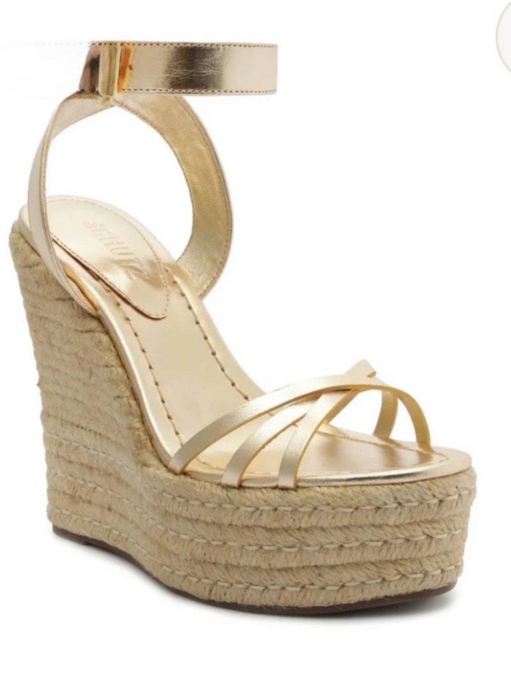 Schultz Metallic Gold Espadrille Wedge Sandals with Ankle Strap